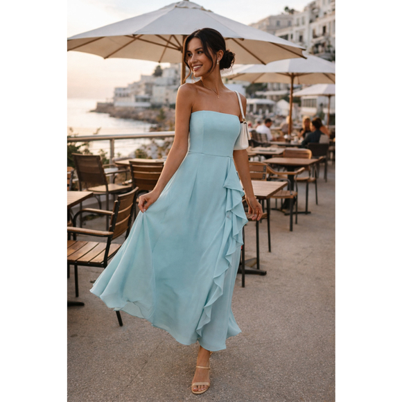 Lulus Dresses & Skirts - Lulus Small Strapless Maxi Dress Ruffle Turquoise Wedding Guest Formal Flowy